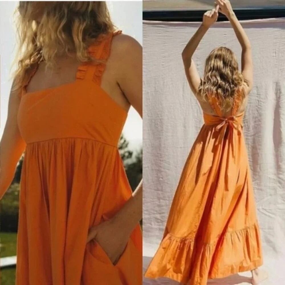 FREE PEOPLE Isabella Tiered Maxi Dress Sunset Glow Orange Pockets FEMININE XS